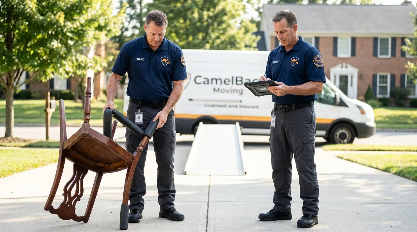 Movers inspecting furniture for damage prevention before loading in Toppenish, WA