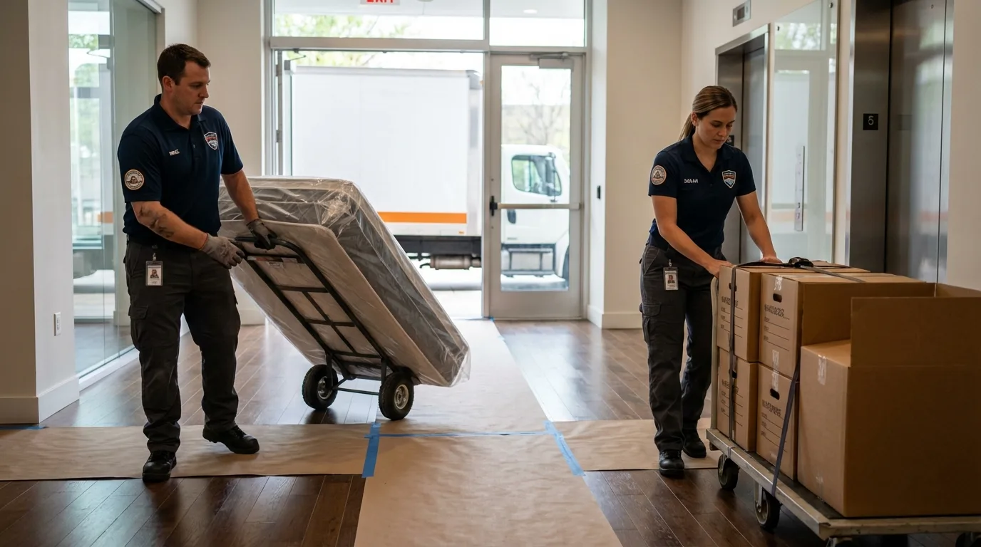 Professional apartment movers loading elevator in Toppenish, WA
